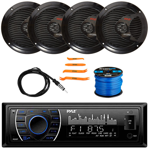 Pyle PLRMR27BTB Single DIN Marine Bluetooth USB/AUX SD/MP3 Player AM/FM Radio Stereo Receiver, 4x 6.5" 150W Max Full Range Dual Cone Waterproof Speakers, Radio Antenna, Speaker Wire, Pry Tool Set