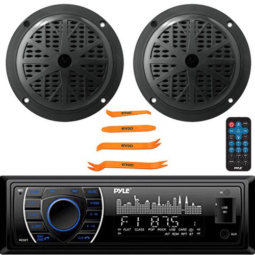 Pyle PLRMR27BTB Single DIN Marine Bluetooth SD/MP3 Player AM/FM Radio Stereo Receiver, 2x 5.25'' 100 Watt Max Power 2-Way Full Range Boat Black Stereo Speakers, 4-Piece Removal Pry Tool Set