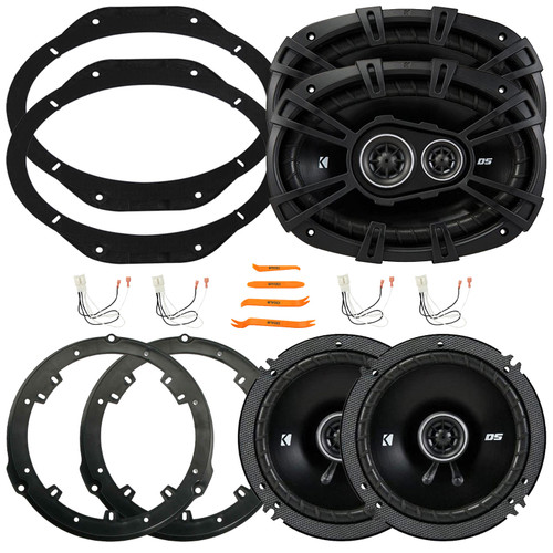2x Kicker 6.5" 240 Watt Max Power 2-Way 4-Ohm Coaxial Speakers W/6.5" Speaker Wire Wall Plate, 2x 6x9" 360W Max Power 3-Way Coaxial Speakers W/6x9" Speaker Plates, 4x Speaker Harness, Pry Tool Set