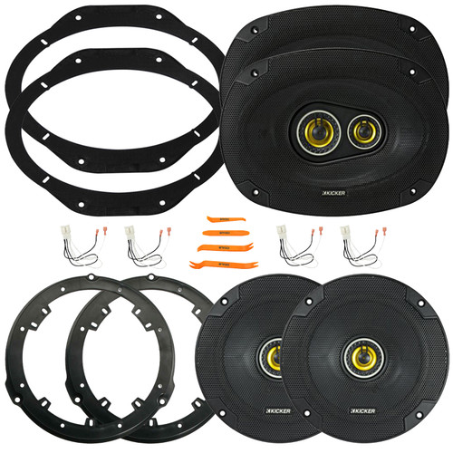 2x Kicker 6.5" 300 Watt Max Power 4 Ohm 2-Way Coaxial Speakers W/6.5" Speaker Wire Wall Plate, 2x 6x9" 450 Watt Max Power Coaxial Speakers W/6x9" Speaker Plates, 4x Speaker Harness, Pry Tool Set