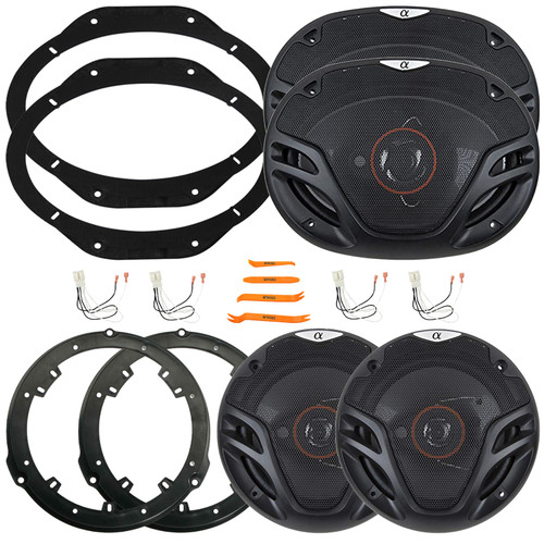 2x Alphasonik AS26 6.5" 350W Max Full Range Speakers, 2x Rear 6.5" Speaker Wire Wall Plate, 2x 6x9" 500W Max Full Range 3-Way Speakers, 2x Front 6x9" Speaker Plates, 4x Speaker Harness, Pry Tool Set