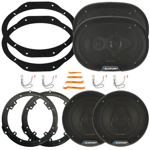 2x Blaupunkt BPS-ES650 6.5" 60W Max Power 3-Way Speakers W/2x Rear 6.5" Speaker Wire Wall Plate, 2x 6x9" 70W Max Power 4-Way Speakers W/2x Front 6"x9" Speaker Plates, 4x Speaker Harness, Pry Tool Set