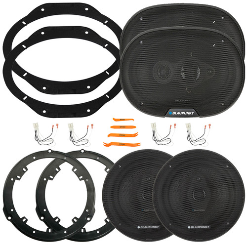2x Blaupunkt BPS-XS650 6.5" 70W Max 3-Way Slim Design Speakers W/2x Rear 6.5" Speaker Wire Wall Plate, 2x 6x9" 70W Max 4-Way Speakers W/2x Front 6"x9" Speaker Plates, 4x Speaker Harness, Pry Tool Set