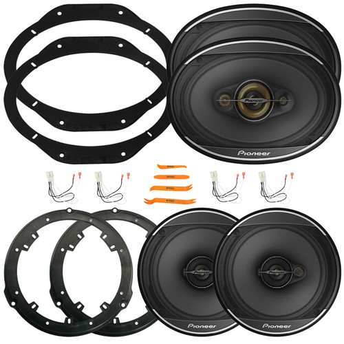 2x Pioneer TS-A1671F 6.5” 320W Max 3-Way Coaxial Speakers, 2x Rear 6.5" Speaker Wire Wall Plate, 2x 6x9" 600W Max 4-Way Coaxial Speakers, 2x Front 6x9" Speaker Plates, 4x Speaker Harness, Pry Tool Set