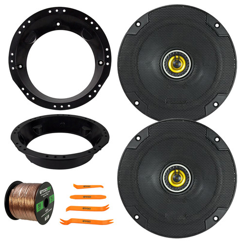 2x Kicker CSC65 CS Series 6.5" 300 Watt Max Power 4 Ohm 2-Way Coaxial Speakers, 50 Feet 16 Gauge Speaker Wire, Pry Tool Set, Speaker Adapter for 6.5" to 6.75" Speakers (fits Harley Davidson 1996-2013)