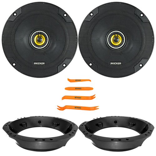 2x Kicker CSC65 CS Series 6.5" 300 Watt Max Power 4 Ohm 2-Way Coaxial Speakers, 4-Piece Pry Tool Set, 2x Speaker Mounting Ring Adapter for 6.5" to 6.75" Fits 1998-2013 Harley Davidson