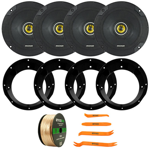 4x Kicker CSC65 CS Series 6.5" 300 Watt Max Power 4 Ohm 2-Way Coaxial Speakers, Pry Tool Set, 50 Feet Speaker Wire, 4x Metra Speaker Adapter for 6.5" to 6.75" Speakers (fits Harley Davidson 1996-2013)