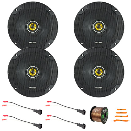 4x Kicker CSC65 CS Series 6.5" 300 Watt Max Power 4 Ohm 2-Way Coaxial Speakers, Pry Tool Set, 50 Feet Speaker Wire, 4x 16 Gauge Speaker Harness Adapter W/Red Bullet for Select Ford Vehicles 1998-Up