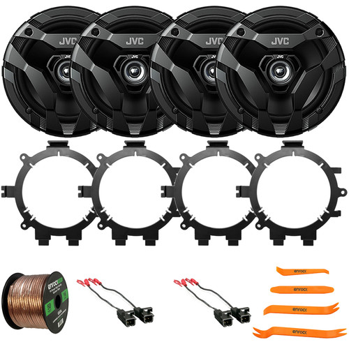 4x JVC CS-DF620 drvn DF Series 6.5" 300 Watt Max Power 2-Way Coaxial Speakers, 50 Feet 16 Gauge Speaker Wire, Pry Tool Set, 4x Speaker Wire Harness, 4x 5.25" or 6.5" Speaker Mounting Bracket Adaptor
