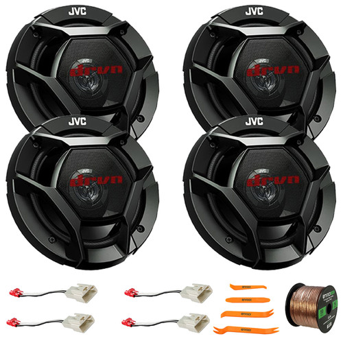 4x JVC CS-DR621 drvn DR Series 6.5" 300 Watt Max Power 2-Way Coaxial Speakers, 50 Feet 16 Gauge Speaker Wire, 4-Piece Pry Tool Set, 4x Speaker Connector for Select Toyota Vehicles