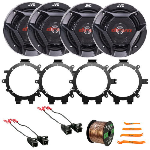 4x JVC CS-DR621 drvn DR Series 6.5" 300 Watt Max Power 2-Way Coaxial Speakers, 4x Speaker Harness, 4x 5.25" or 6.5" Speaker Mounting Bracket Adaptor, Speaker Wire, Pry Tool Set (1995-2009 GM Vehicles)