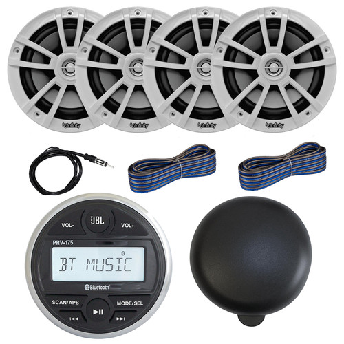JBL PRV-175 Marine Bluetooth USB/AUX AM/FM Radio Gauge Style Digital Media Stereo Receiver W/Cover, 4x 6.5" 225W Max High-Performance Speakers, 22" Radio Antenna, 2x 20 Feet 16 Gauge Speaker Wire