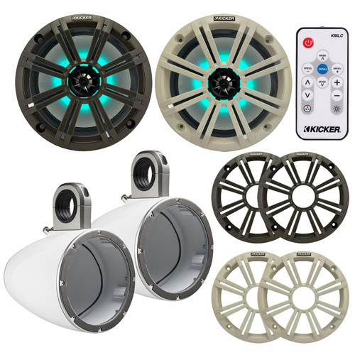 Kicker White Single Wakeboard Tower System with Pair (Qty 2) of 8" 300W Max OEM Replacement Marine RGB MultiColor LED Speakers with Charcoal and White Grilles, Remote Control