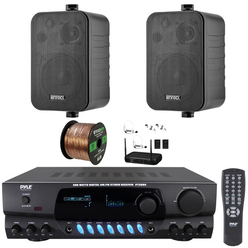 Pyle PT260A Digital Display Screen 200 Watts Digital AM/FM Radio Home Audio Stereo Amplifier Receiver, 2x 4" 30 Watt Max Power 3-Way Indoor/Outdoor Black Speakers, VHF Wireless Microphone System, Wire