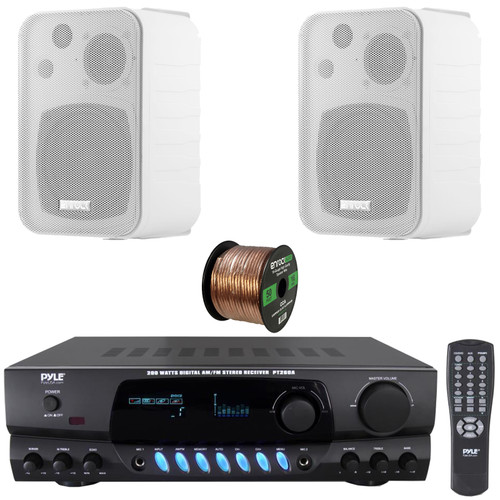 Pyle PT260A Digital Display Screen 200 Watts Digital AM/FM Radio Home Audio Stereo Amplifier Receiver, 2x Enrock EKMR408W 4" 30 Watt Max Power 3-Way Indoor/Outdoor White Box-Speakers, Speaker Wire
