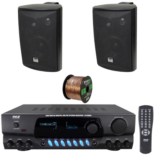 Pyle PT260A Digital Display Screen 200 Watts Digital AM/FM Radio Home Audio Stereo Amplifier Receiver, 2x Dual Electronics LU47PB 4" 200W Max Power 3-Way Indoor/Outdoor Black Speakers, Speaker Wire