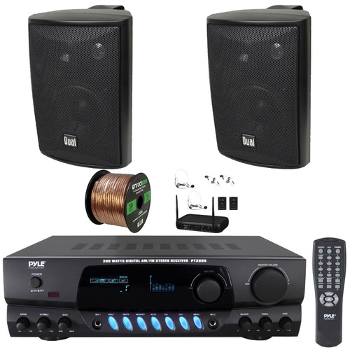 Pyle PT260A Digital Display Screen 200 Watts Digital AM/FM Radio Home Audio Stereo Amplifier Receiver, 2x 4" 200W Max Power 3-Way Indoor/Outdoor Black Speakers, VHF Wireless Microphone System, Wire