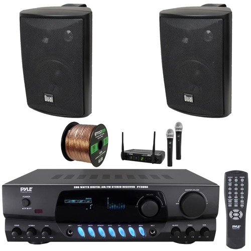 Pyle PT260A Digital Display Screen 200 Watts Digital AM/FM Radio Home Audio Stereo Amplifier Receiver, 2x 4" 200W Max 3-Way Indoor/Outdoor Black Speakers, Wireless Microphone System, Speaker Wire