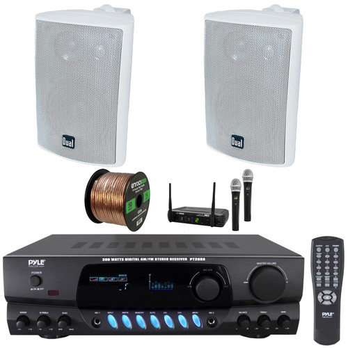 Pyle PT260A Digital Display Screen 200 Watts Digital AM/FM Radio Home Audio Stereo Amplifier Receiver, 2x 4" 200W Max 3-Way Indoor/Outdoor White Speakers, Wireless Microphone System, Speaker Wire