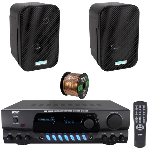 Pyle PT260A Digital Display Screen 200 Watts Digital AM/FM Radio Home Audio Stereo Amplifier Receiver, 2x Pyle PDWR30B 3.5" 300 Watts Max Power Indoor/Outdoor Black Waterproof Speakers, Speaker Wire