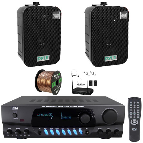 Pyle PT260A Digital Display Screen 200 Watts Digital AM/FM Radio Home Audio Stereo Amplifier Receiver, 2x 5.25" 400W Max Indoor/Outdoor Black Speakers, VHF Wireless Microphone System, Speaker Wire