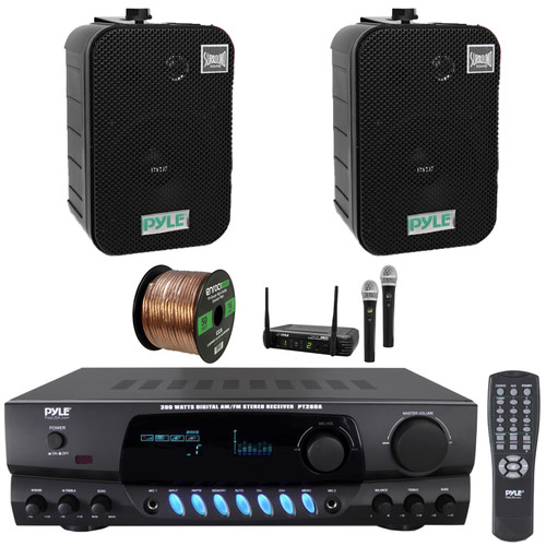 Pyle PT260A Digital Display Screen 200 Watts Digital AM/FM Radio Home Audio Stereo Amplifier Receiver, 2x 5.25" 400W Max Indoor/Outdoor Waterproof Speakers, Wireless Microphone System, Speaker Wire