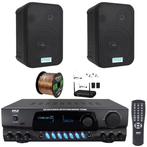 Pyle PT260A Digital Display Screen 200 Watts Digital AM/FM Radio Home Audio Stereo Amplifier Receiver, 2x 6.5'' 500W Max Indoor/Outdoor Waterproof Black Speakers, VHF Wireless Microphone System, Wire