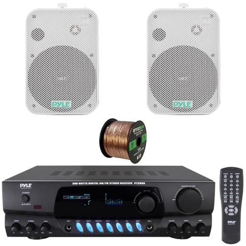 Pyle PT260A Digital Display Screen 200 Watts Digital AM/FM Radio Home Audio Stereo Amplifier Receiver, 2x Pyle PDWR50W 6.5" 500 Watts Max Power Indoor/Outdoor Waterproof White Speakers, Speaker Wire