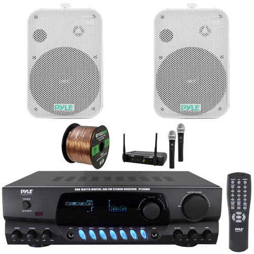 Pyle PT260A Digital Display Screen 200 Watts Digital AM/FM Radio Home Audio Stereo Amplifier Receiver, 2x 6.5" 500W Max Indoor/Outdoor Waterproof White Speakers, Wireless Microphone System, Wire