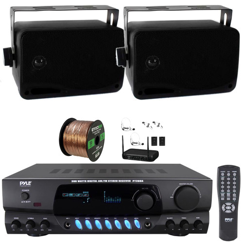 Pyle PT260A Digital Display Screen 200 Watts Digital AM/FM Radio Home Audio Stereo Amplifier Receiver, 2x 3.5'' 200 Watt Max 3-Way Indoor/Outdoor Black Speakers, VHF Wireless Microphone System, Wire