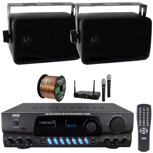 Pyle PT260A Digital Display Screen 200 Watts Digital AM/FM Radio Home Audio Stereo Amplifier Receiver, 2x 3.5'' 200W Max 3-Way Indoor/Outdoor Black Speakers, Wireless Microphone System, Speaker Wire