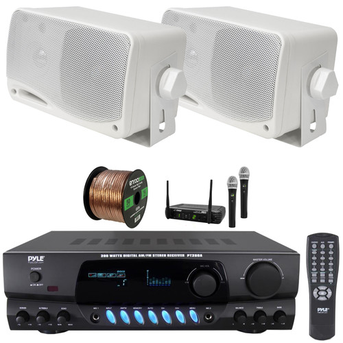 Pyle PT260A Digital Display Screen 200 Watts Digital AM/FM Radio Home Audio Stereo Amplifier Receiver, 2x 3.5'' 200W Max Power 3-Way Mini Box White Speakers, Wireless Microphone System, Speaker Wire