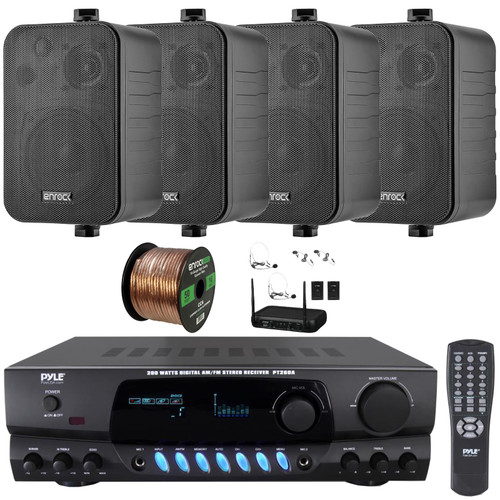 Pyle PT260A Digital Display Screen 200 Watts Digital AM/FM Radio Home Audio Stereo Amplifier Receiver, 4x 4" 30 Watt Max Power 3-Way Indoor/Outdoor Black Speakers, VHF Wireless Microphone System, Wire