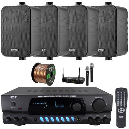 Pyle PT260A Digital Display Screen 200 Watts Digital AM/FM Radio Home Audio Stereo Amplifier Receiver, 4x 4" 30W Max Power 3-Way Indoor/Outdoor Black Speakers, Wireless Microphone System, Speaker Wire