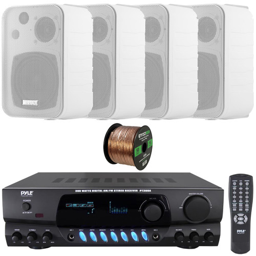 Pyle PT260A Digital Display Screen 200 Watts Digital AM/FM Radio Home Audio Stereo Amplifier Receiver, 4x Enrock EKMR408W 4" 30 Watt Max Power 3-Way Indoor/Outdoor White Box-Speakers, Speaker Wire