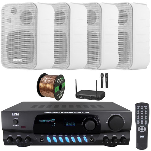 Pyle PT260A Digital Display Screen 200 Watts Digital AM/FM Radio Home Audio Stereo Amplifier Receiver, 4x 4" 30W Max 3-Way Indoor/Outdoor White Speakers, VHF Wireless Microphone System, Speaker Wire