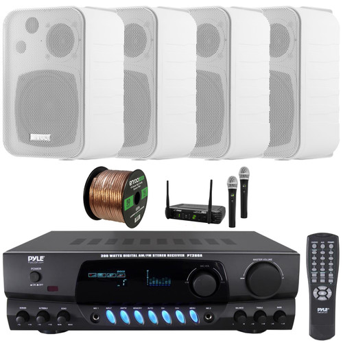 Pyle PT260A Digital Display Screen 200 Watts Digital AM/FM Radio Home Audio Stereo Amplifier Receiver, 4x 4" 30W Max 3-Way Indoor/Outdoor White Box-Speakers, Wireless Microphone System, Speaker Wire