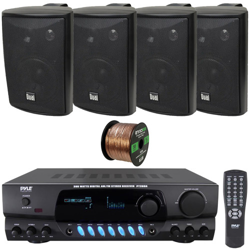 Pyle PT260A Digital Display Screen 200 Watts Digital AM/FM Radio Home Audio Stereo Amplifier Receiver, 4x Dual Electronics LU47PB 4" 200W Max Power 3-Way Indoor/Outdoor Black Speakers, Speaker Wire