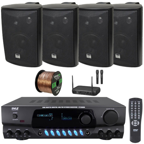 Pyle PT260A Digital Display Screen 200 Watts Digital AM/FM Radio Home Audio Stereo Amplifier Receiver, 4x 4" 200W Max 3-Way Indoor/Outdoor Black Speakers, VHF Wireless Microphone System, Speaker Wire