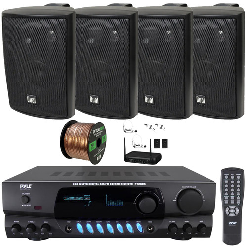 Pyle PT260A Digital Display Screen 200 Watts Digital AM/FM Radio Home Audio Stereo Amplifier Receiver, 4x 4" 200W Max Power 3-Way Indoor/Outdoor Black Speakers, VHF Wireless Microphone System, Wire