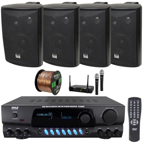 Pyle PT260A Digital Display Screen 200 Watts Digital AM/FM Radio Home Audio Stereo Amplifier Receiver, 4x 4" 200W Max 3-Way Indoor/Outdoor Black Speakers, Wireless Microphone System, Speaker Wire