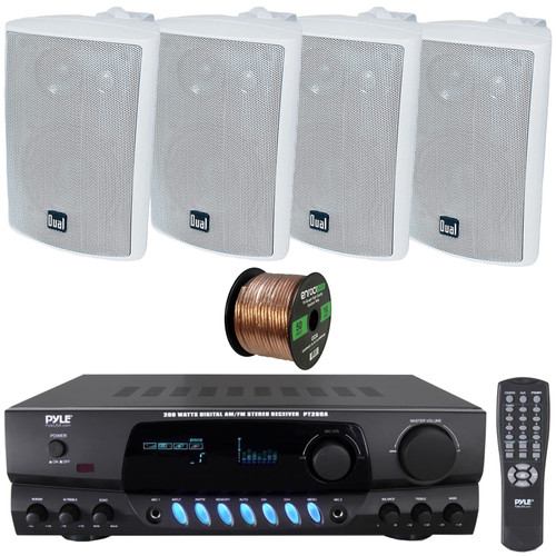 Pyle PT260A Digital Display Screen 200 Watts Digital AM/FM Radio Home Audio Stereo Amplifier Receiver, 4x Dual Electronics LU47PW 4" 200W Max Power 3-Way Indoor/Outdoor White Speakers, Speaker Wire
