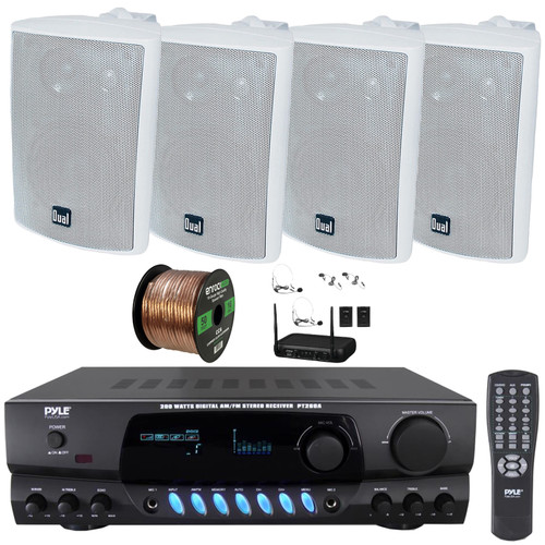 Pyle PT260A Digital Display Screen 200 Watts Digital AM/FM Radio Home Audio Stereo Amplifier Receiver, 4x 4" 200W Max Power 3-Way Indoor/Outdoor White Speakers, VHF Wireless Microphone System, Wire