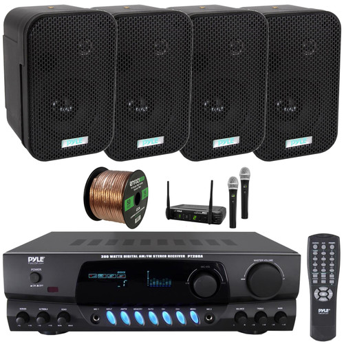 Pyle PT260A Digital Display Screen 200 Watts Digital AM/FM Radio Home Audio Stereo Amplifier Receiver, 4x 3.5" 300W Max Indoor/Outdoor Waterproof Speakers, Wireless Microphone System, Speaker Wire