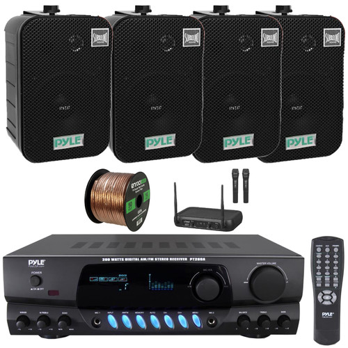 Pyle PT260A Digital Display Screen 200 Watts Digital AM/FM Radio Home Audio Stereo Amplifier Receiver, 4x 5.25" 400W Max Indoor/Outdoor Waterproof Black Speakers, VHF Wireless Microphone System, Wire