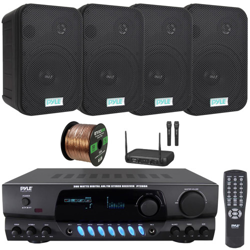 Pyle PT260A Digital Display Screen 200 Watts Digital AM/FM Radio Home Audio Stereo Amplifier Receiver, 4x 6.5'' 500W Max Indoor/Outdoor Black Speakers, VHF Wireless Microphone System, Speaker Wire