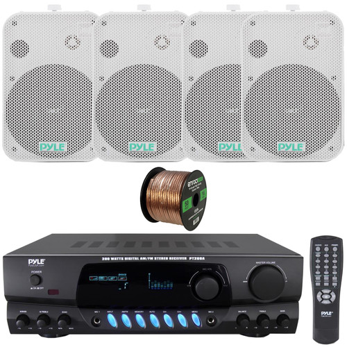 Pyle PT260A Digital Display Screen 200 Watts Digital AM/FM Radio Home Audio Stereo Amplifier Receiver, 4x Pyle PDWR50W 6.5" 500 Watts Max Power Indoor/Outdoor Waterproof White Speakers, Speaker Wire