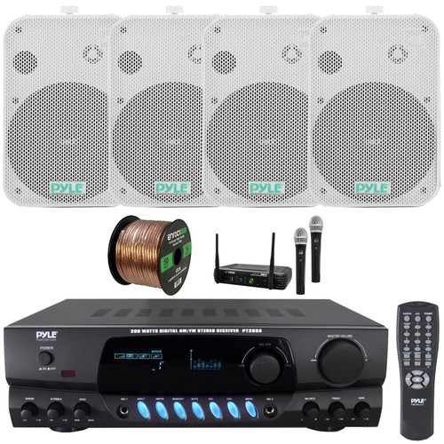 Pyle PT260A Digital Display Screen 200 Watts Digital AM/FM Radio Home Audio Stereo Amplifier Receiver, 4x 6.5" 500W Max Indoor/Outdoor Waterproof White Speakers, Wireless Microphone System, Wire