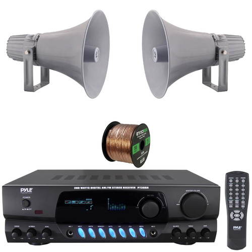 Pyle PT260A Digital Display Screen 200 Watts Digital AM/FM Radio Home Audio Stereo Amplifier Receiver, 2x Pyle PHSP12 12.7'' 60 Watt RMS Power Indoor/Outdoor PA Horn Speakers, 50 Feet Speaker Wire