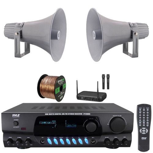 Pyle PT260A Digital Display Screen 200 Watts Digital AM/FM Radio Home Audio Stereo Amplifier Receiver, 2x 12.7'' 60W RMS Indoor/Outdoor PA Horn Speakers, VHF Wireless Microphone System, Speaker Wire